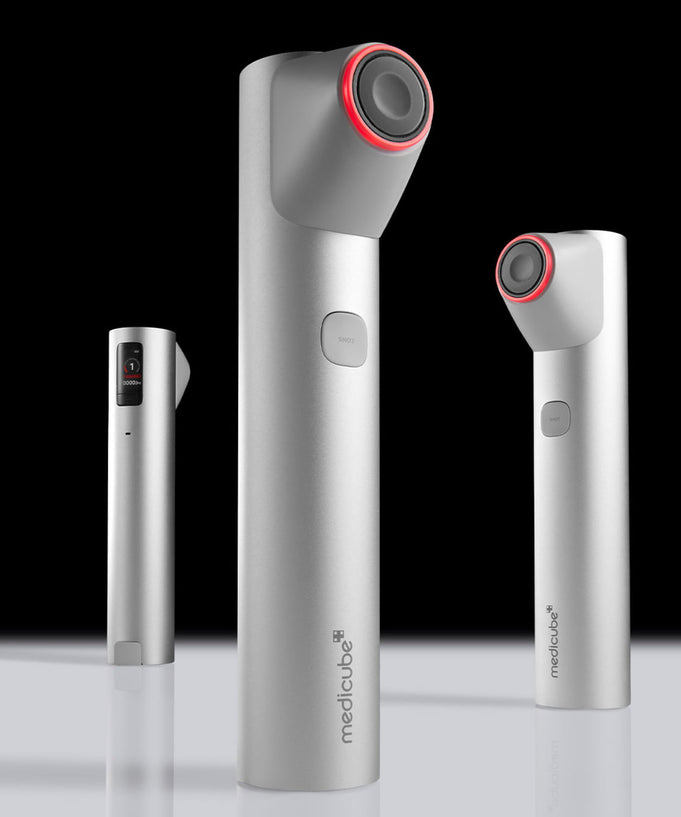 Three MEDICUBE AGE R High Focus Shot devices with sleek silver design and red accents displayed on a reflective surface.