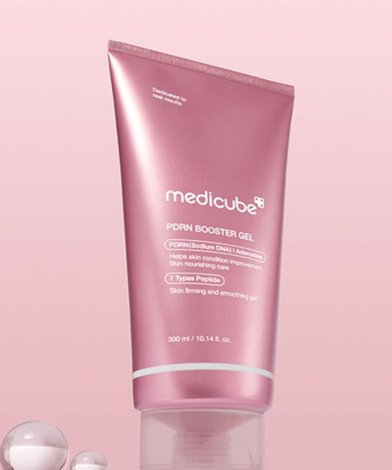 MEDICUBE Age-R PDRN Booster Gel 300ml in pink packaging, 300ml size, showing product details and round gel texture