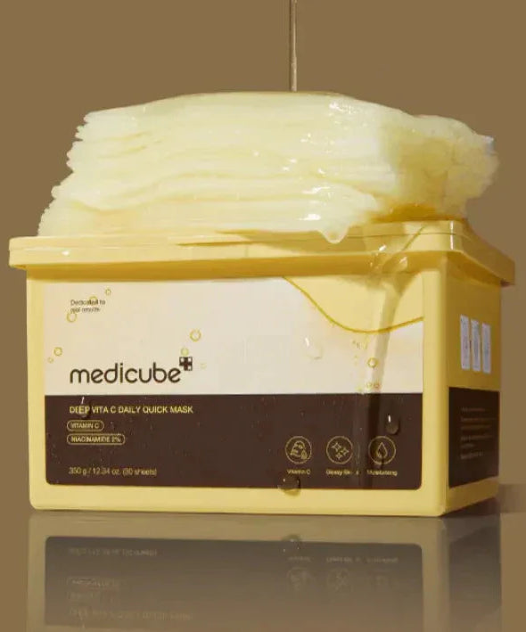 MEDICUBE Deep Vita C Daily Quick Mask 30 Sheets packaging with wet mask sheets piled on top.