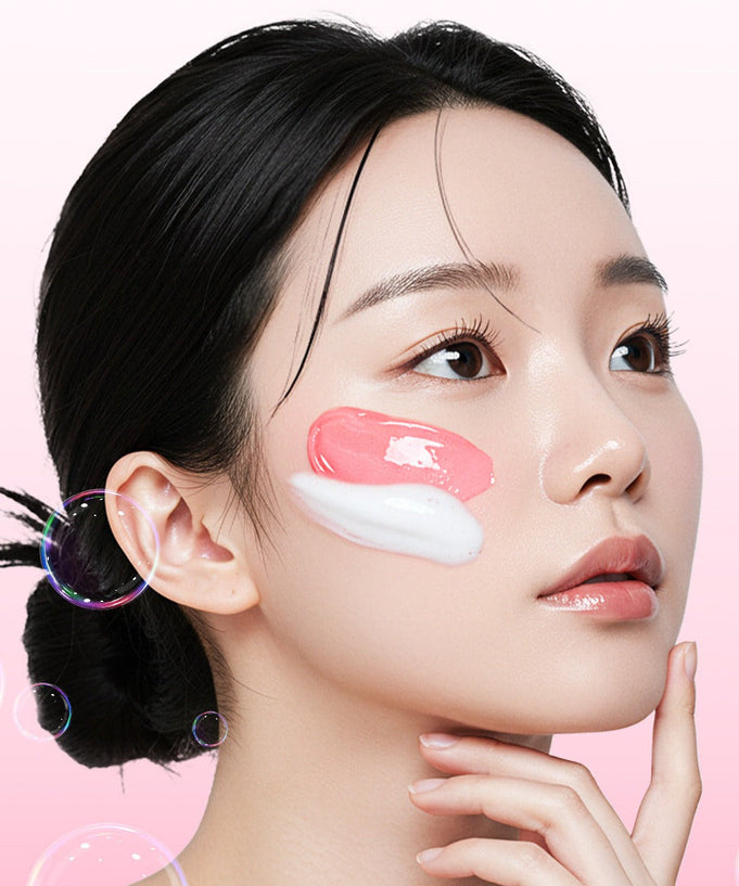 Woman applying MEDICUBE PDRN Gel-To-Foam Cleanser 200ml on face, soothing skincare treatment on pink background