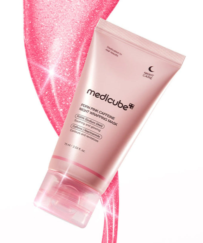 MEDICUBE PDRN Pink Caffeine Night Wrapping Mask 75ml product image with pink sparkle background