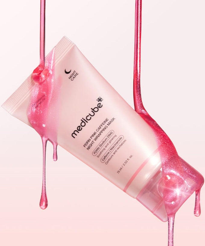 MEDICUBE PDRN Pink Caffeine Night Wrapping Mask 75ml with pink liquid on a pastel background