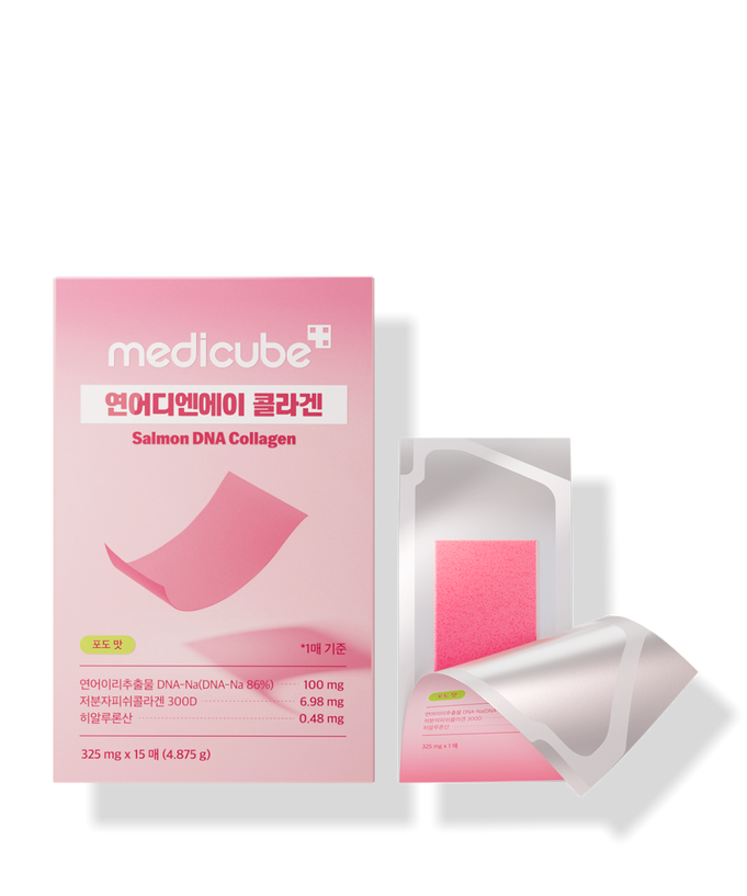 MEDICUBE Salmon DNA Collagen Film 15ea packaging and product view.