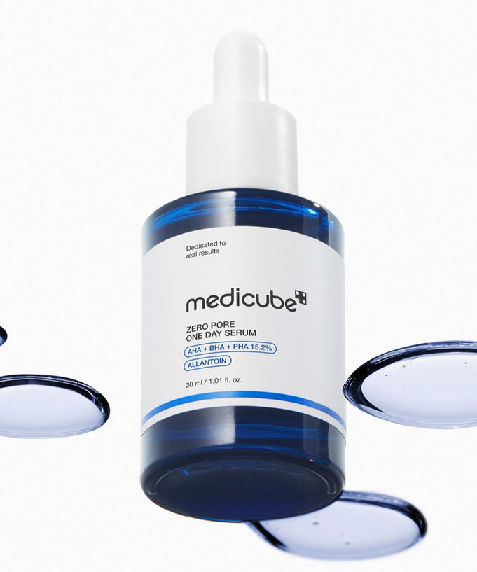 Bottle of MEDICUBE Zero Pore One-Day Serum 30ml with droplets