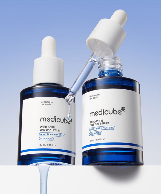 MEDICUBE Zero Pore One-Day Serum 30ml in blue bottles with dropper, skincare product for pore care.