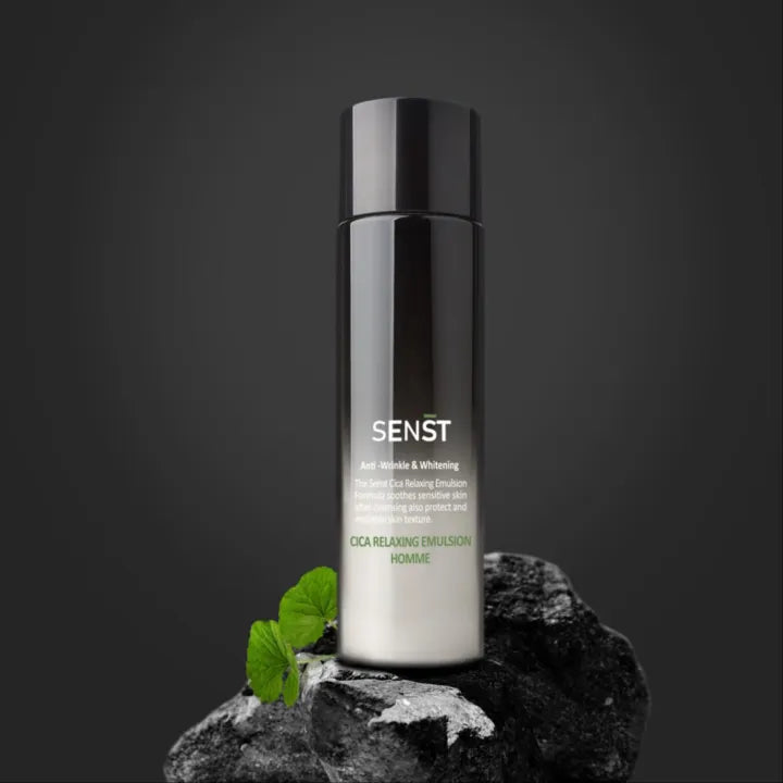 MEDIFLOWER Senst Cica Relaxing Homme Emulsion 200ml bottle on rock with green leaf, Gentleman Korea premium Korean men's skincare product