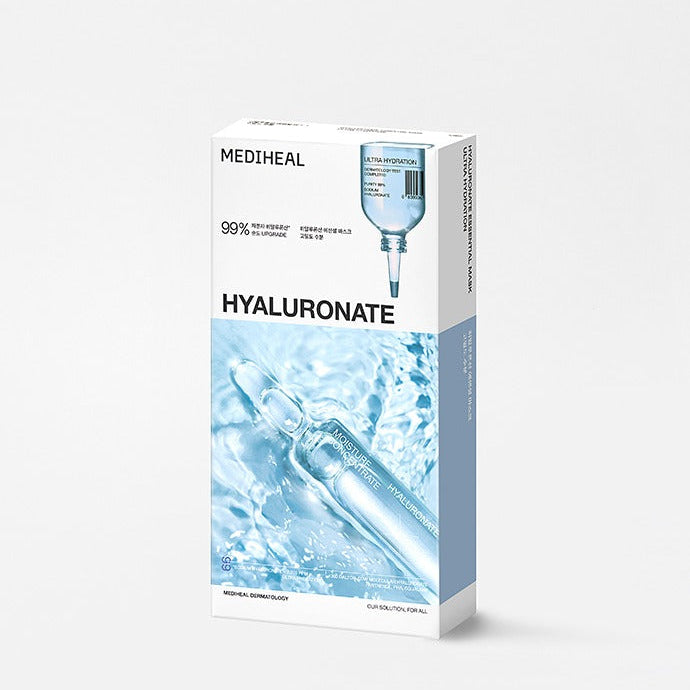 MEDIHEAL 7 Best Essential Masks box featuring hyaluronate design with blue water droplets.