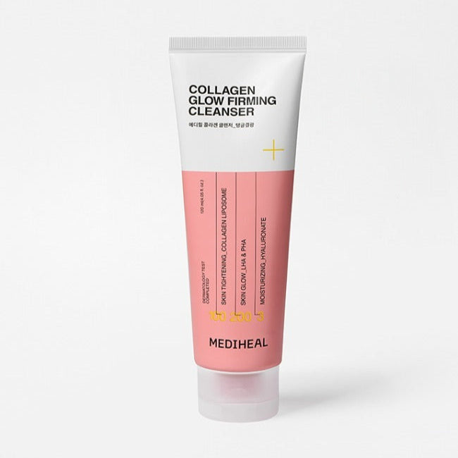 MEDIHEAL Collagen Glow Firming Cleanser 120ml in a pink and white tube with skincare benefits highlighted on the packaging.