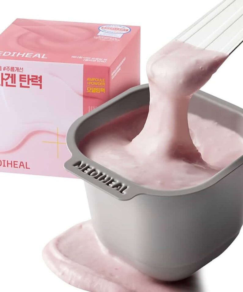 MEDIHEAL Derma Modeling Pack [Collagen Elasticity] with pink facial mask pouring into a bowl.