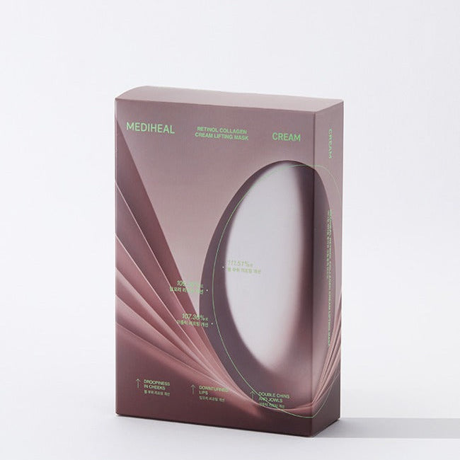 MEDIHEAL Retinol Collagen Cream Contour Mask 10 Sheets packaging on display.