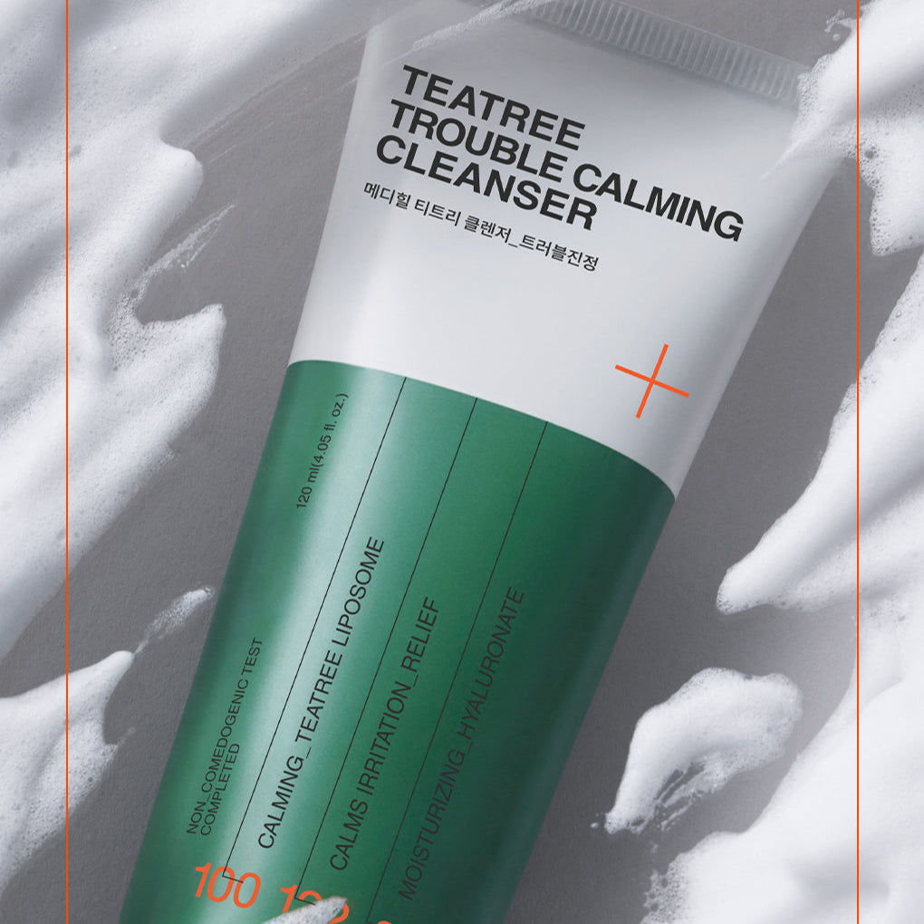 MEDIHEAL Tea Tree Cleanser 120ml packaging, close-up view with calming effects and moisturizing benefits visuals.