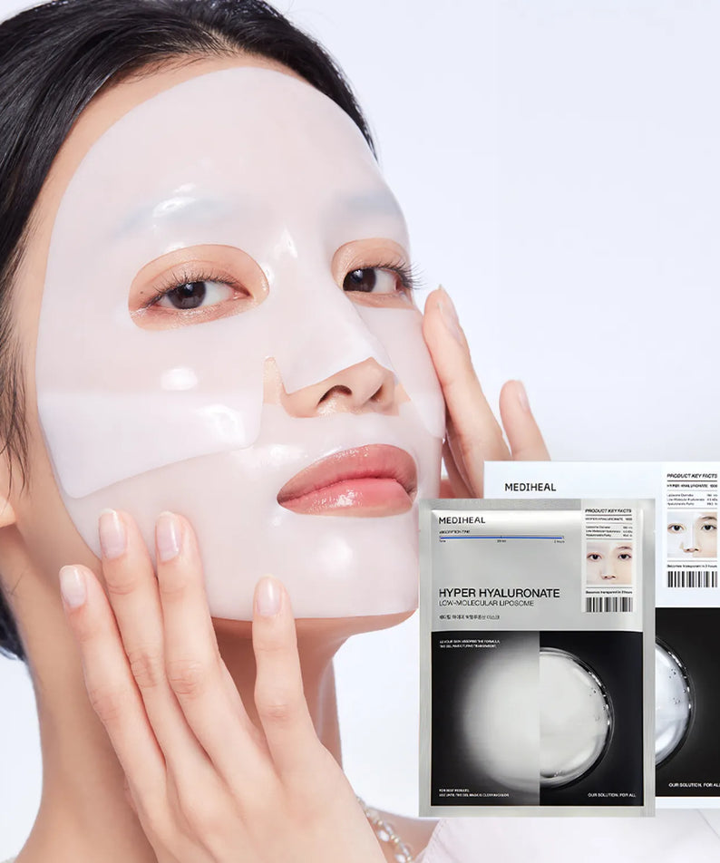 Person using MEDIHEAL Hyper Collagen mask with packaging visible, promoting skincare benefits.