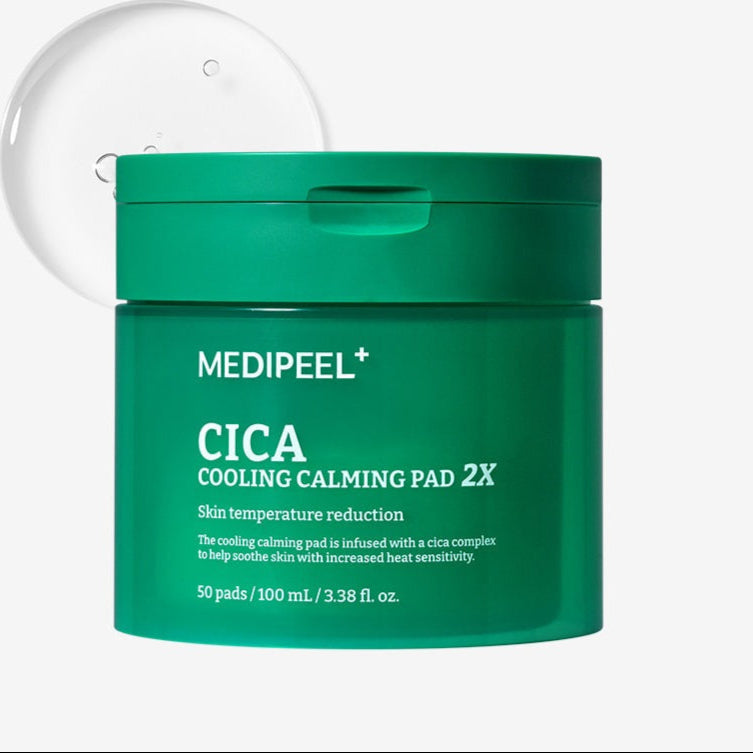 MEDIPEEL Cica Cooling Soothing Pads 2X 100ml 50 Sheets, green container with skincare pads, skin temperature reduction product