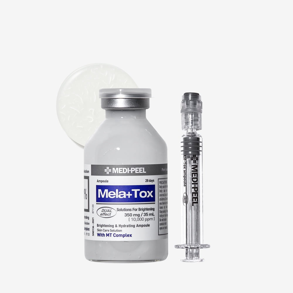 MEDIPEEL Mela Plus Tox Ampoule 35ml bottle with syringe on white background