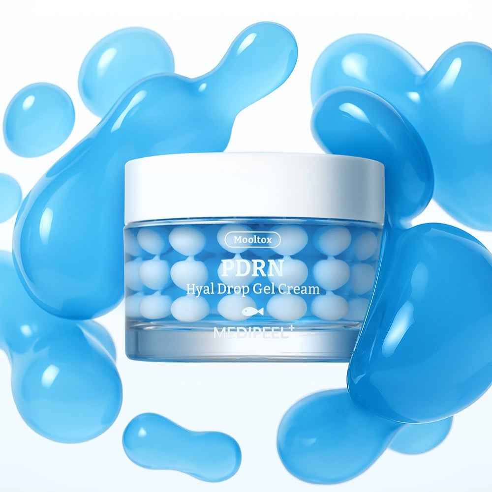 MEDIPEEL Water Tox PDRN Hyal Drop Gel Cream 50g in jar with blue spheres background.