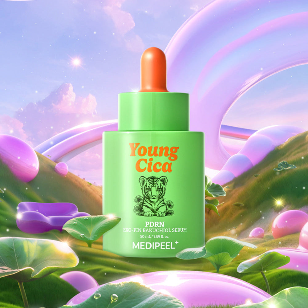 MEDIPEEL Young Cica PDRN Exo-Pin Bakuchiol Serum 50ml bottle with colorful background