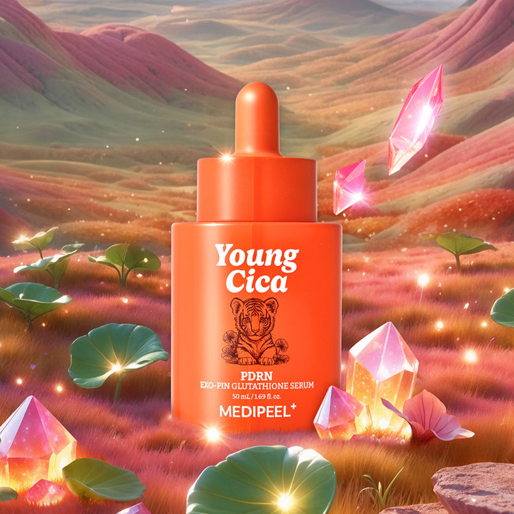 Bottle of MEDIPEEL Young Cica PDRN Exo-Pin Glutathione Serum 50ml in a magical landscape with glowing crystals and plants.