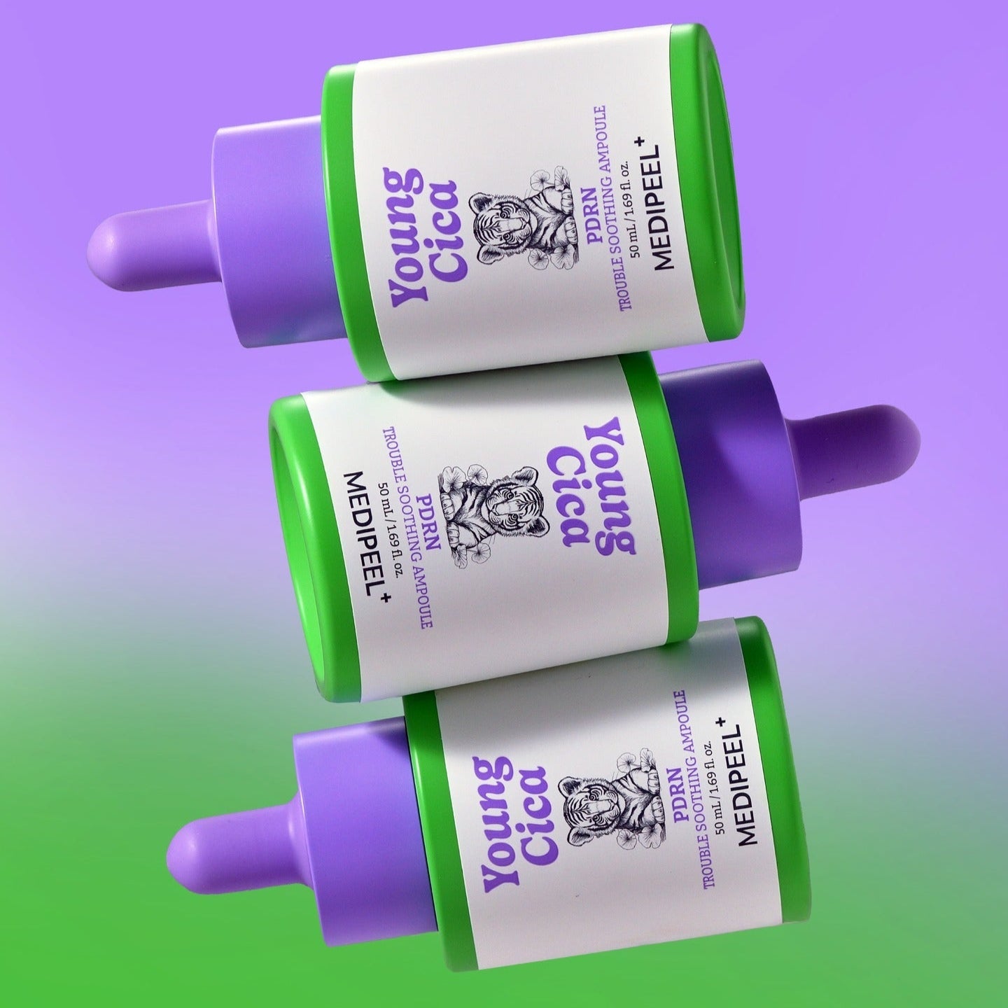 Three bottles of MEDIPEEL Young Cica PDRN Trouble Soothing Ampoule 50ml against a gradient purple and green background.