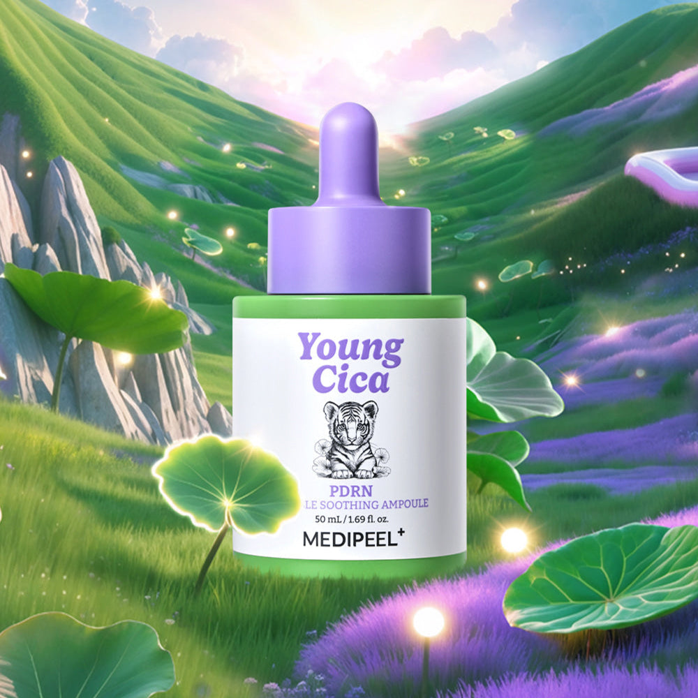 MEDIPEEL Young Cica PDRN Trouble Soothing Ampoule 50ml in a scenic landscape setting with purple and green colors.