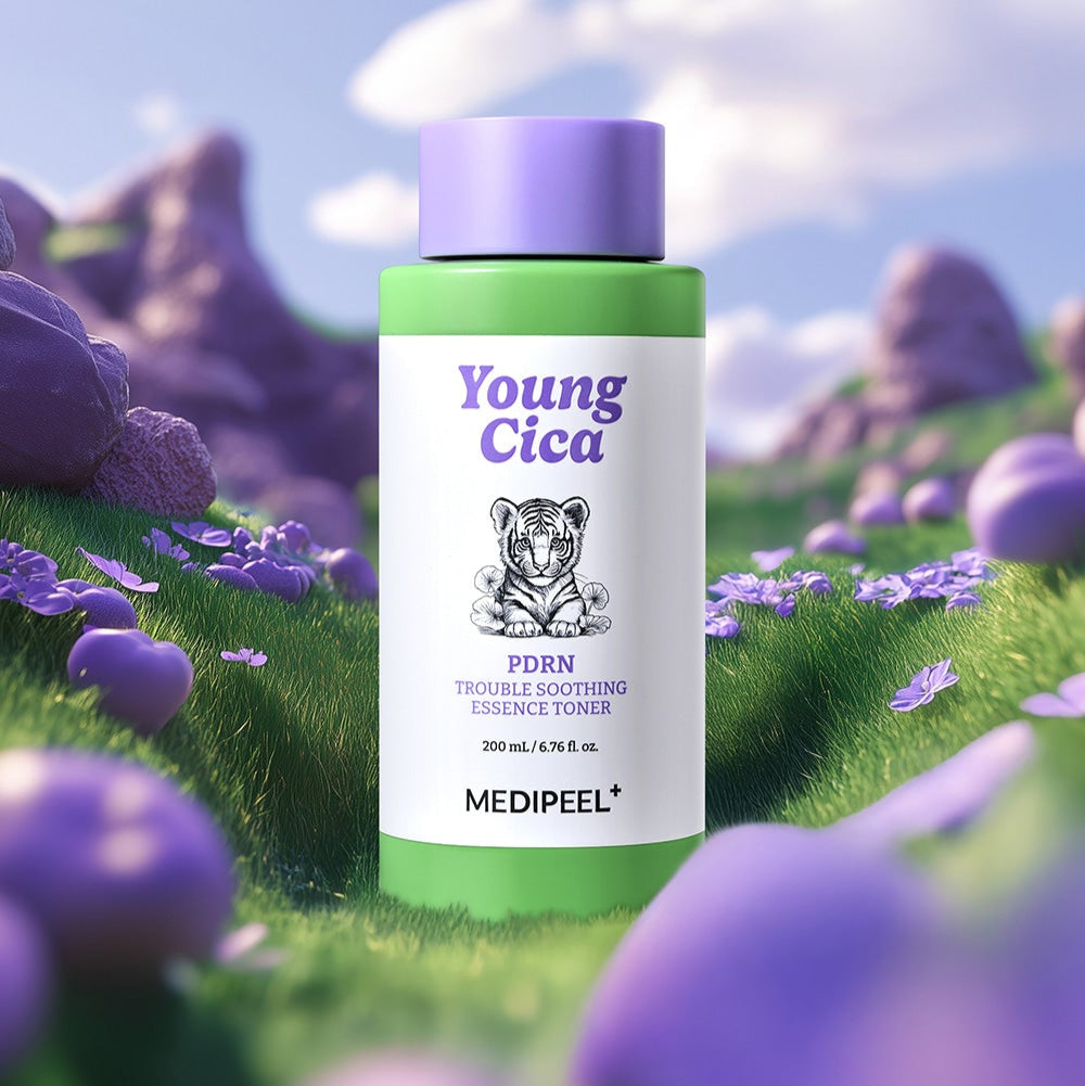 Image of MEDIPEEL Young Cica PDRN Trouble Soothing Essence Toner 200ml bottle in a lavender field background.