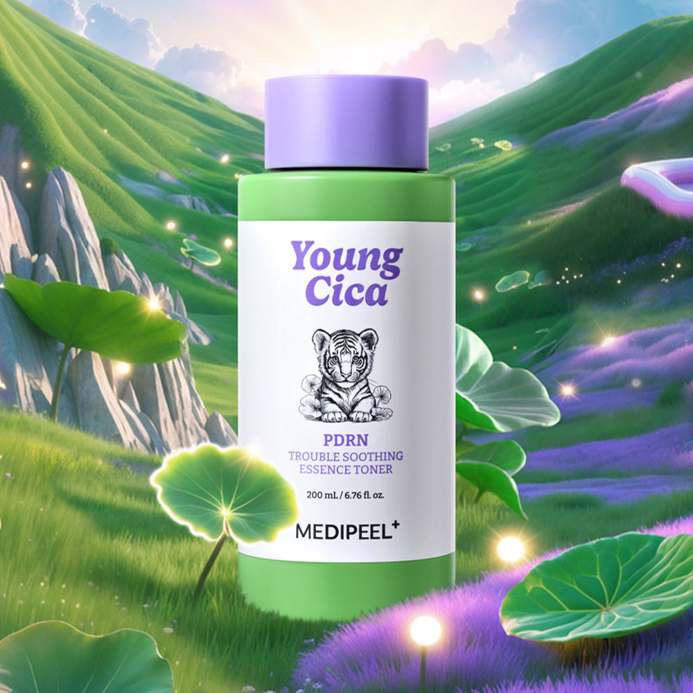 Bottle of MEDIPEEL Young Cica PDRN Trouble Soothing Essence Toner 200ml in a lush, dreamy landscape.