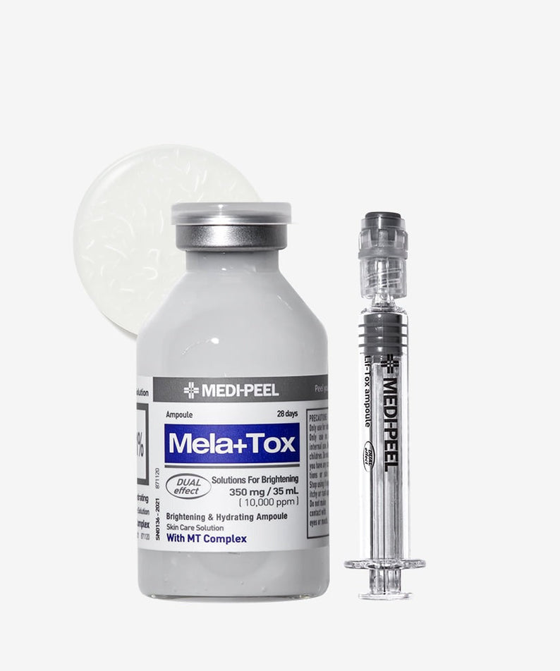 MEDIPEEL Mela Plus Tox Ampoule 35ml bottle with syringe on white background