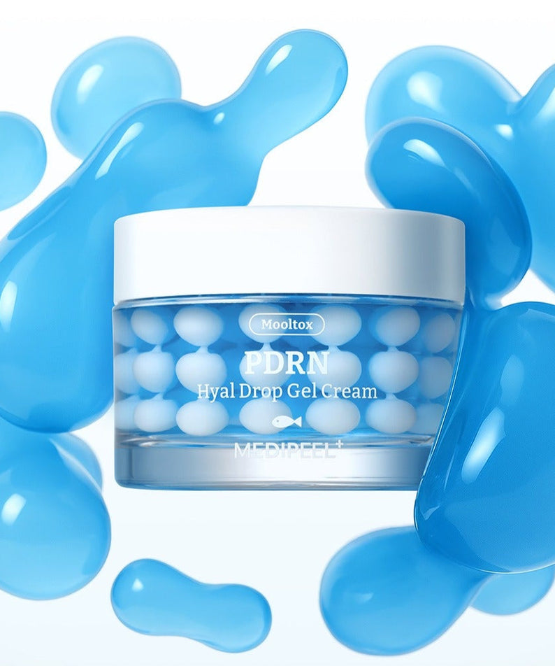 MEDIPEEL Water Tox PDRN Hyal Drop Gel Cream 50g in jar with blue spheres background.