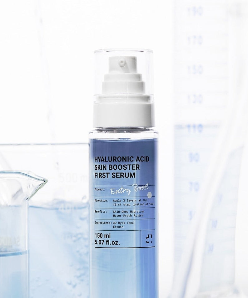 MEDITHERAPY Hyaluronic Acid Skin Booster First Serum 150ml bottle next to a beaker.