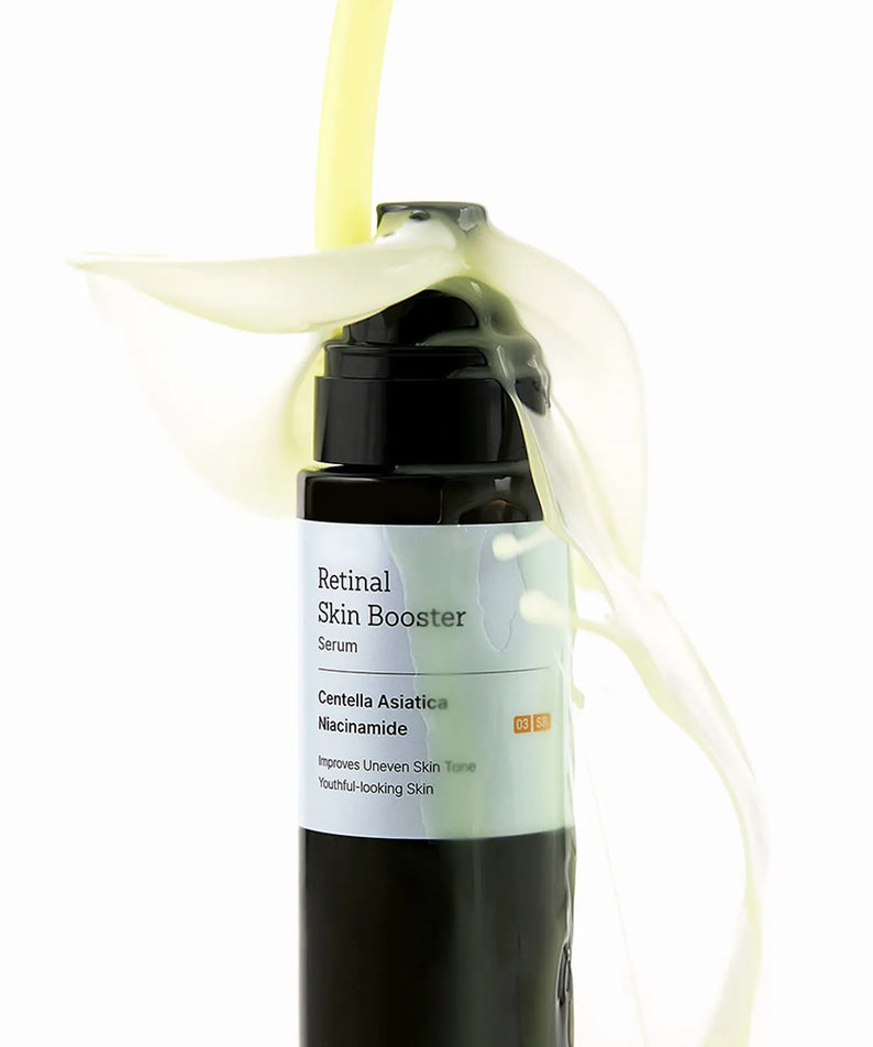 MEDITHERAPY Retinal Skin Booster Serum 150ml bottle with liquid flowing over it, showcasing skincare benefits.