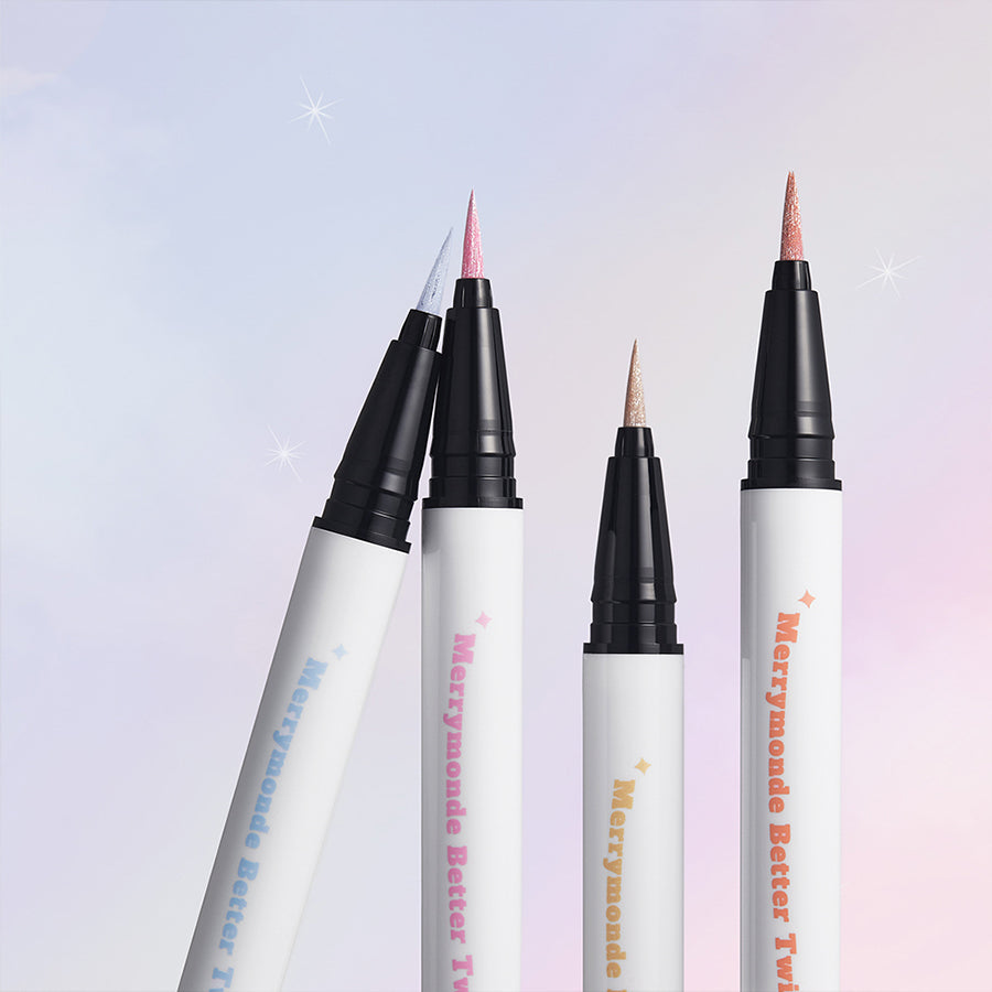 MERRYMONDE Better Twin Glitter Pen Eyeliner in various colors against a pastel background, showcasing precise and vibrant application.