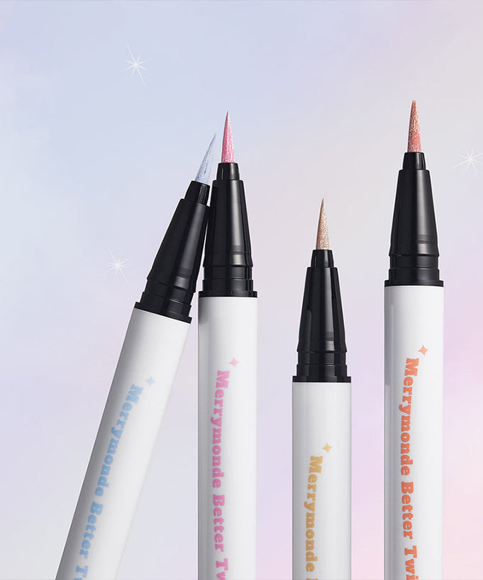 MERRYMONDE Better Twin Glitter Pen Eyeliner in various colors against a pastel background, showcasing precise and vibrant application.