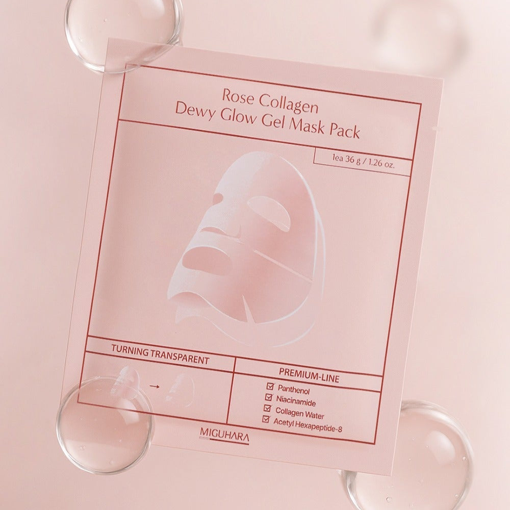 MIGUHARA Rose Collagen Dewy Glow Gel Mask Pack 5 sheets showcasing packaging and features.