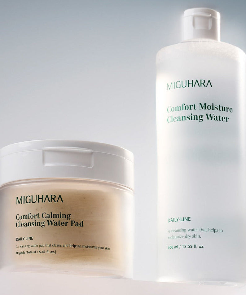MIGUHARA Comfort Calming Cleansing Water Pads 70 Sheets and Comfort Moisture Cleansing Water bottle displayed on a white surface.