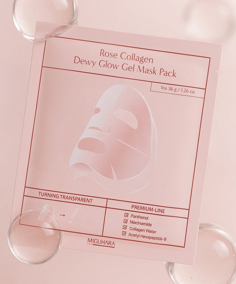 MIGUHARA Rose Collagen Dewy Glow Gel Mask Pack 5 sheets showcasing packaging and features.