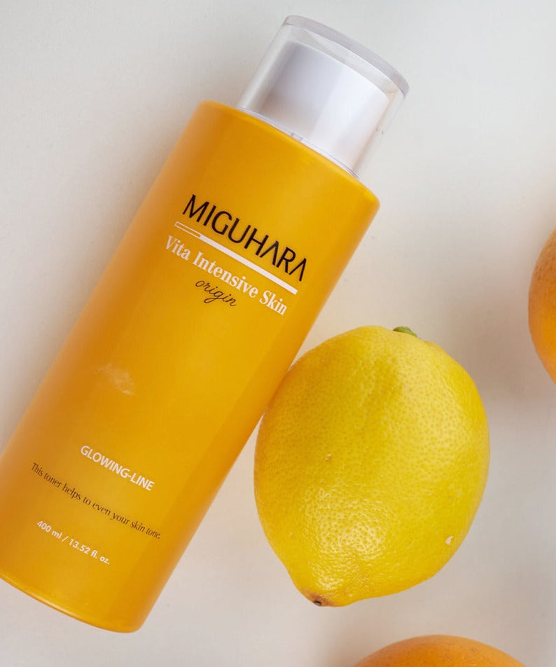 MIGUHARA Vita Intensive Skin Origin 400ml bottle with lemons, enhancing skin vitality.