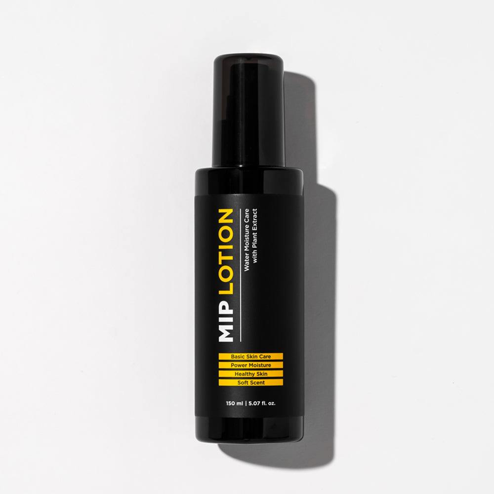 Gentleman Korea product photo of MIP Basic Lotion 150ml black pump bottle for men’s skincare, minimalist studio shot