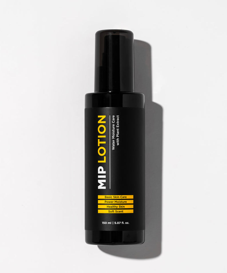 Gentleman Korea product photo of MIP Basic Lotion 150ml black pump bottle for men’s skincare, minimalist studio shot