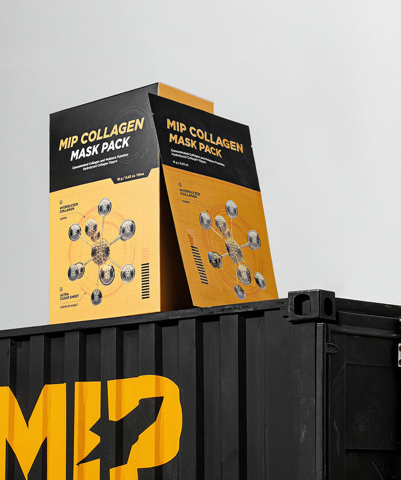 MIP Collagen Mask Pack 20 Sheets box packaging on black crate - Gentleman Korea Korean skincare for men