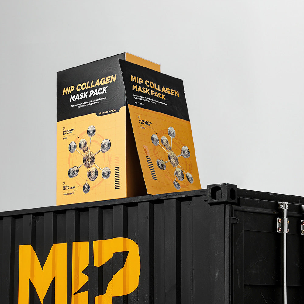 MIP Collagen Mask Pack 20 Sheets box packaging on black crate - Gentleman Korea Korean skincare for men