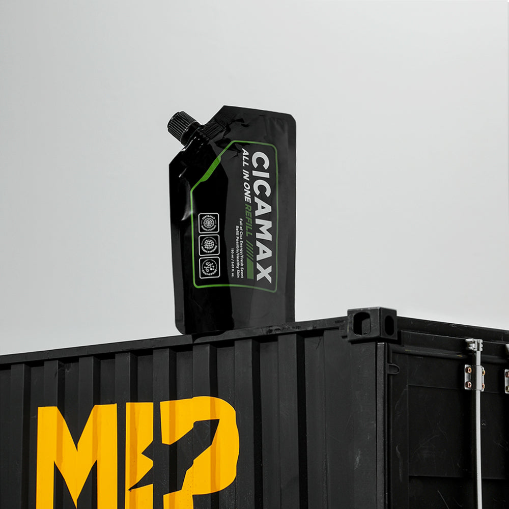 MIP Cicamax Sensitive All-in-one Lotion Refill Pack 150ml on black pouch styled for Gentleman Korea, Korean skincare for men