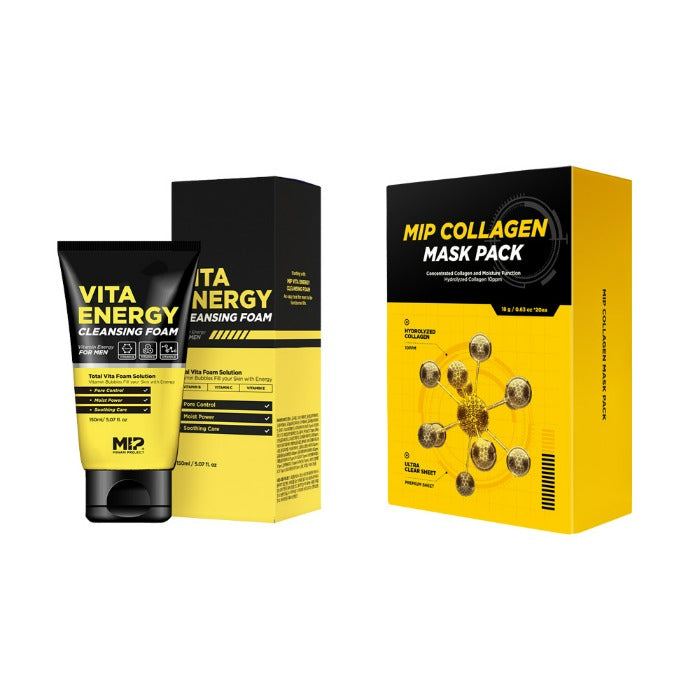 MIP Viat Energy Cleansing Foam + Collagen Mask Pack Set for men by Gentleman Korea - Korean skincare set with cleansing foam and collagen mask