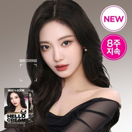 MISE EN SCENE New Hello Cream Dye package and model with dark hair, featuring gray coverage benefits.