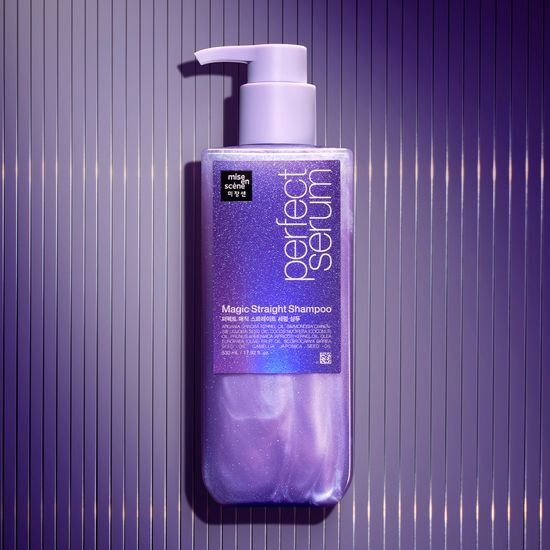 MISE EN SCENE Perfect Magic Straight Serum Shampoo 530ML purple bottle against striped background