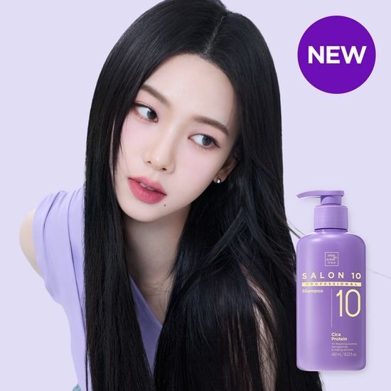 MISE EN SCENE Salon 10 Professional Cica Protein Shampoo 480ML bottle with model and 'new' label on light purple background