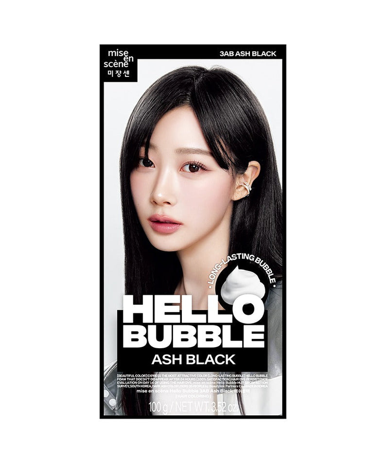 Packaging of MISE EN SCENE New Hello Bubble Dye in Ash Black color.