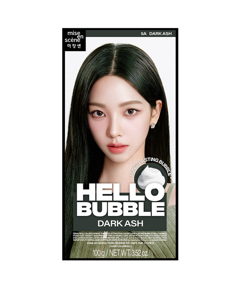 Box of MISE EN SCENE New Hello Bubble Dye in Dark Ash color, featuring model with long, shiny hair.