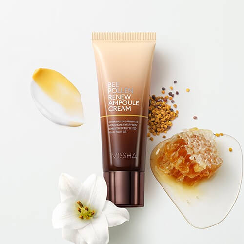 MISSHA BIPOLEN RENEW AMPOULE CREAM 60ml bottle with bee pollen and honeycombs displayed.