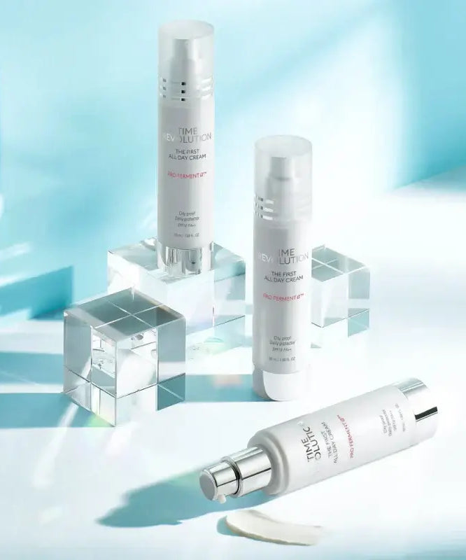 MISSHA Time Revolution The First All Day Cream 50ml displayed with clear decorative cubes