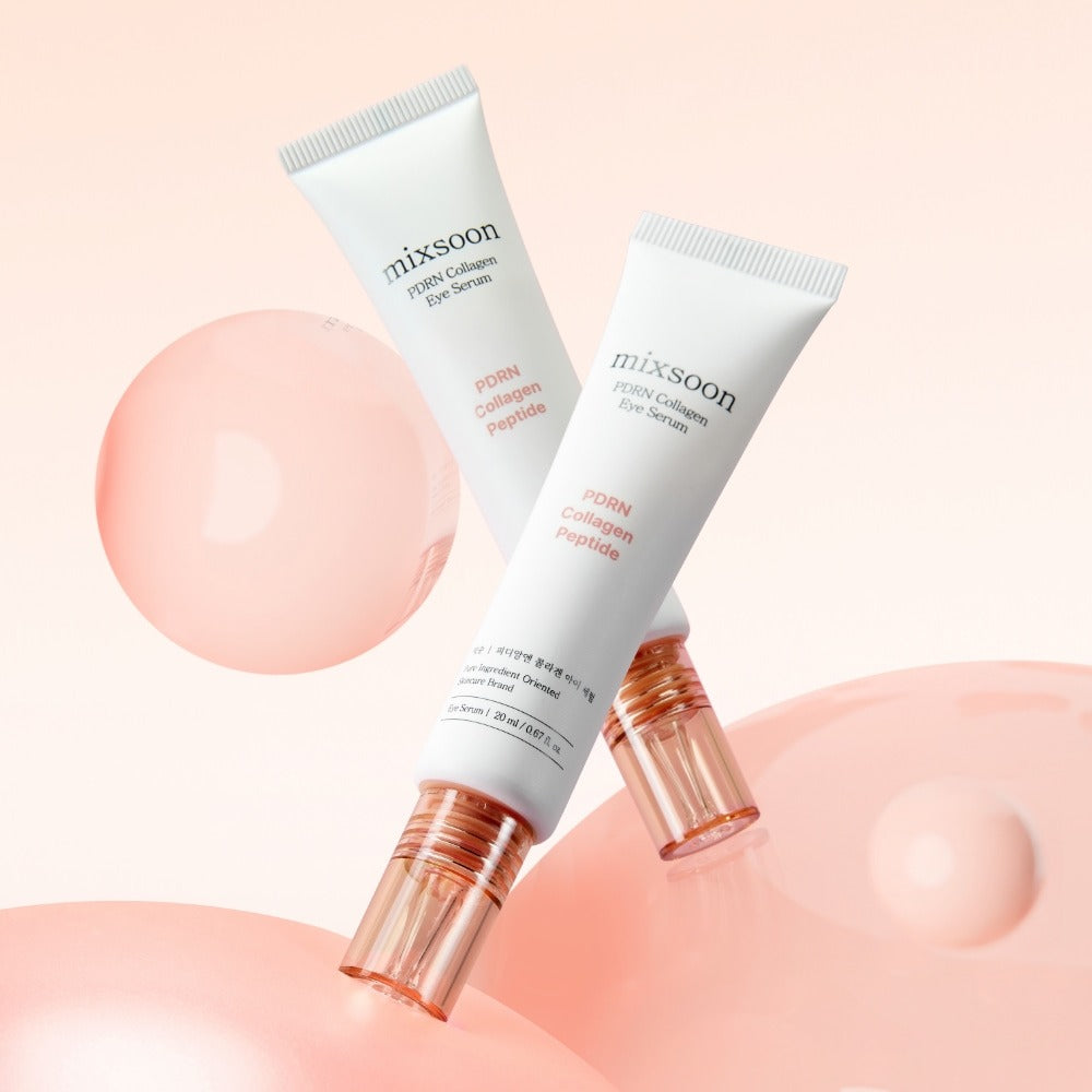 Two tubes of MIXSOON PDRN Collagen Eye Serum 20ml with pink and peach accents in the background.