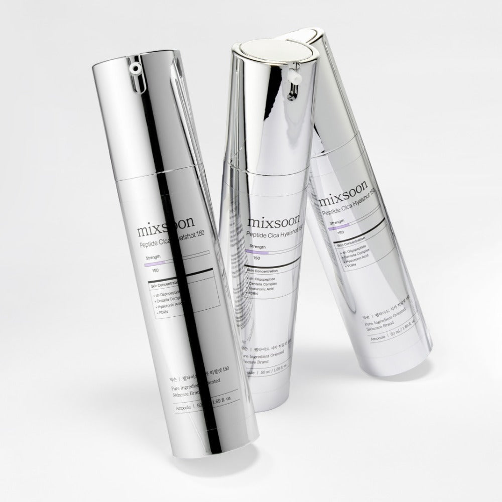 MIXSOON Peptide Cica Hyal Shot 150 50ml bottles displayed on a reflective surface